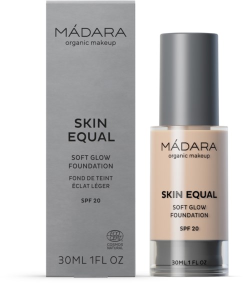 A foundation bottle and box with the brand MÁDARA, labeled with SPF 20 and 'Skin Equal' signature.