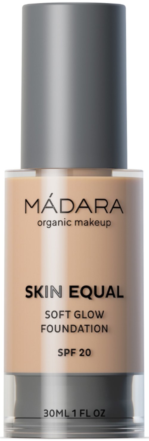 A bottle of Mádara organic makeup foundation called Skin Equal with SPF 20.