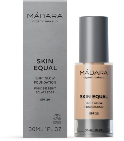 A box and bottle of Madara Skin Equal Soft Glow Foundation with SPF 20, 30ml size.