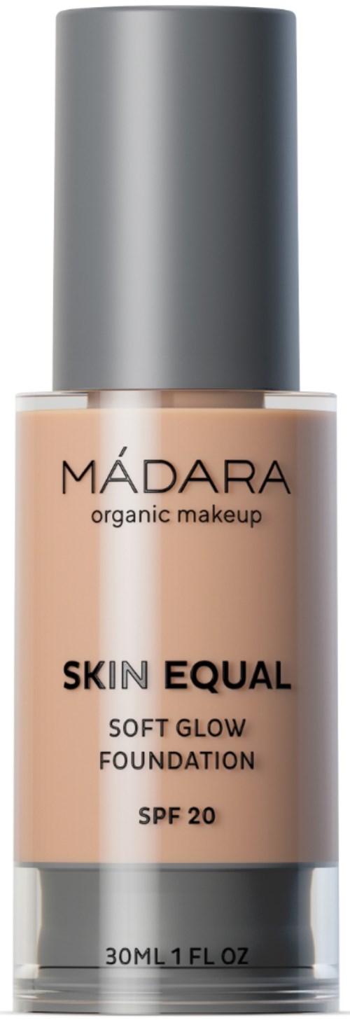 A bottle of liquid foundation with SPF 20, labeled as MÁDARA Skin Equal, soft glow, organic makeup.