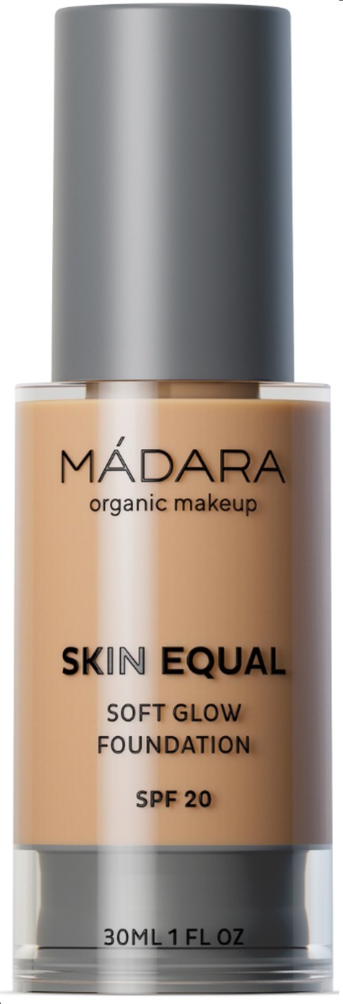 A bottle of Madara Skin Equal foundation with SPF 20, contains 30ml, has a beige liquid and silver cap.