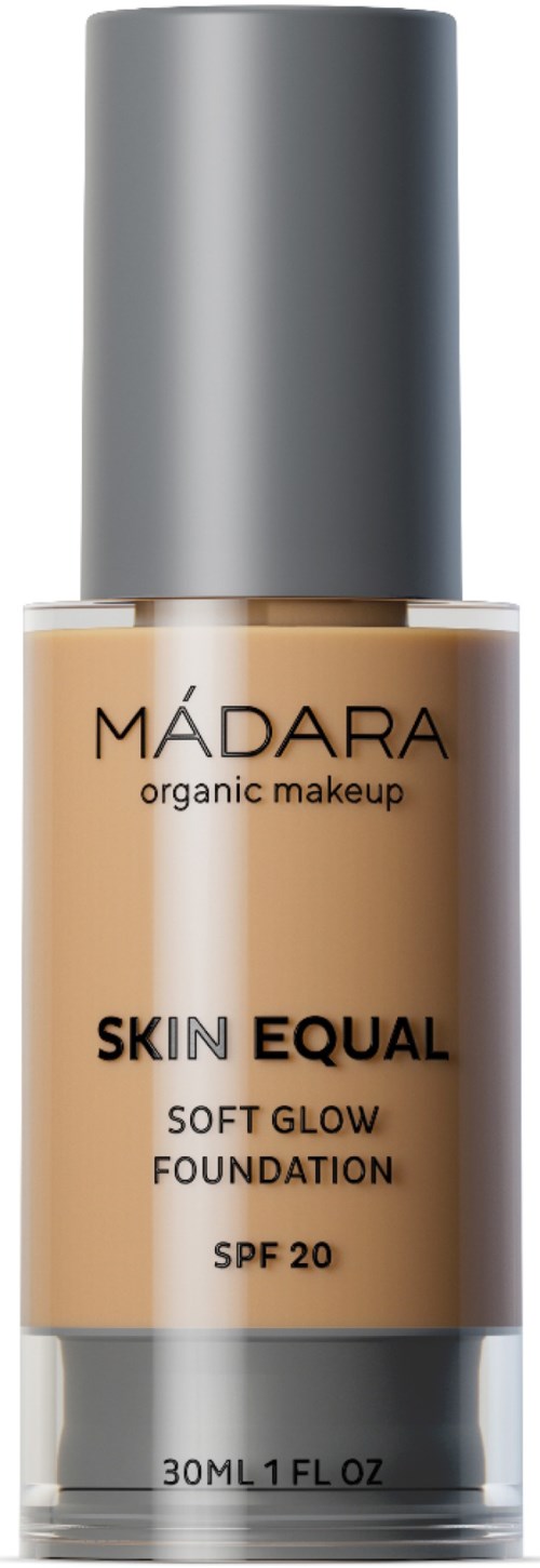 A foundation bottle labeled 'MÁDARA Organic Makeup, Skin Equal, Soft Glow Foundation, SPF 20, 30ml.'