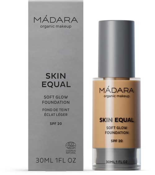 A foundation bottle and box with words: Madara, organic makeup, skin equal, soft glow foundation, SPF 20.