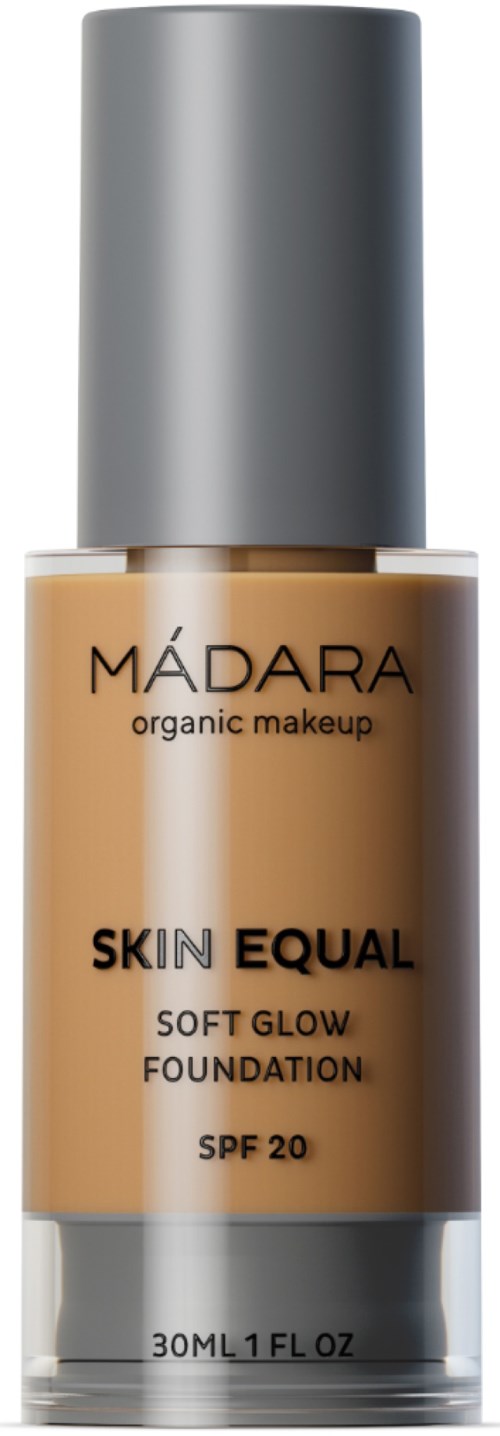 Brown liquid foundation bottle with silver cap, labeled 'MÁDARA Skin Equal Soft Glow Foundation SPF 20', 30ml.