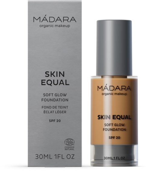 A foundation bottle and box labeled 'Madara', used for skin makeup, with SPF 20, in neutral tones.