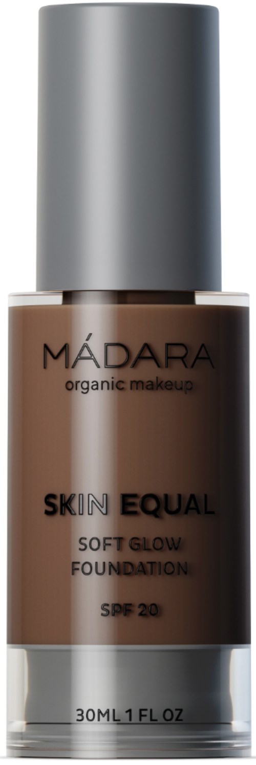 A bottle of Madara organic makeup foundation for skin equal with SPF 20, in a brown bottle with a silver cap.