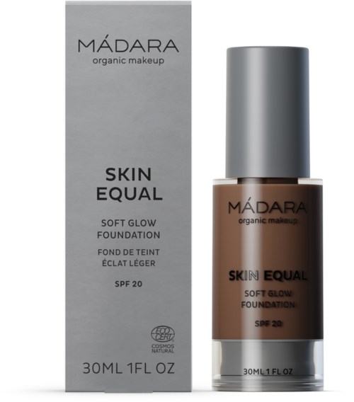 A bottle of Mádara Skin Equal foundation next to its box, labeled SPF 20, 30ml.