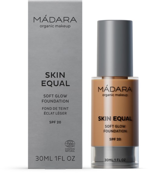 A foundation bottle labeled "Skin Equal" with a gray box and a silver cap, SPF 20, 30ml.
