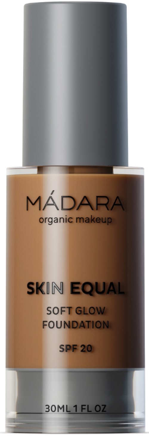 A bottle of Madara Skin Equal foundation with SPF 20, in a brown shade, with a silver cap.