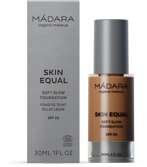 A bottle of foundation next to its box, labeled 'Skin Equal Soft Glow Foundation' with SPF 20, 30ml size.