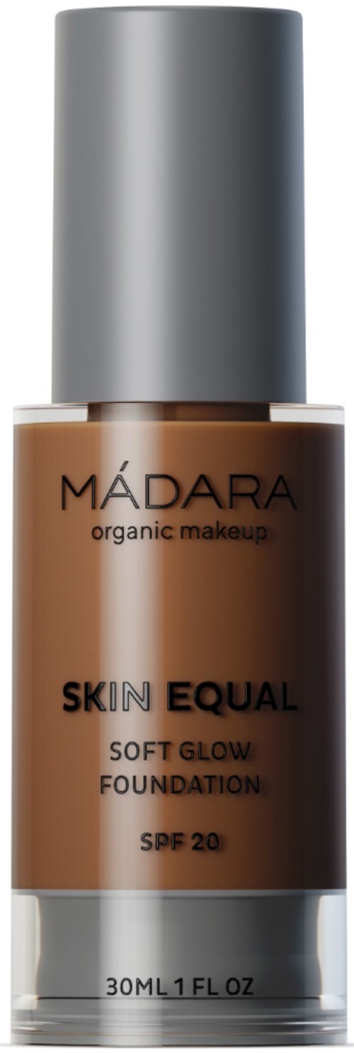 A bottle of Madara Skin Equal foundation with SPF 20, labeled as organic and suitable for a soft glow.