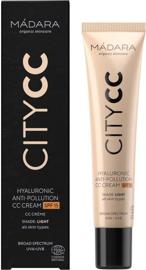 A beige tube and black box of Madara City CC cream with SPF 15, hyaluronic acid, and anti-pollution ingredients.