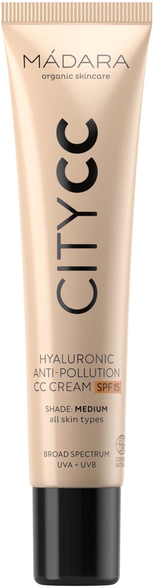 This is a tube of Mádara CITY CC cream with SPF 15, for medium skin, providing hydration and pollution protection.