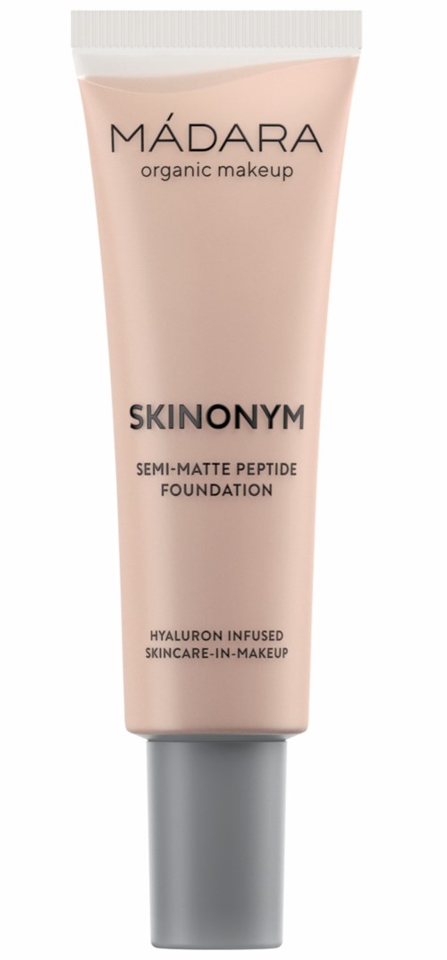 A tube of Mádara organic foundation with semi-matte finish and hyaluronic acid for skincare.