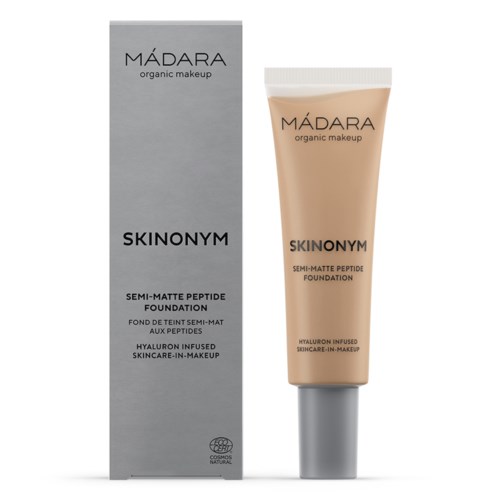 A tube of foundation and its box, both labeled "Madara" and "Skinonym," with details about ingredients and benefits.