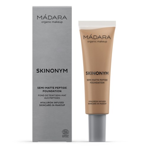 A tube of foundation with a matching box, labeled "MÁDARA organic makeup SKINONYM semi-matte peptide foundation."