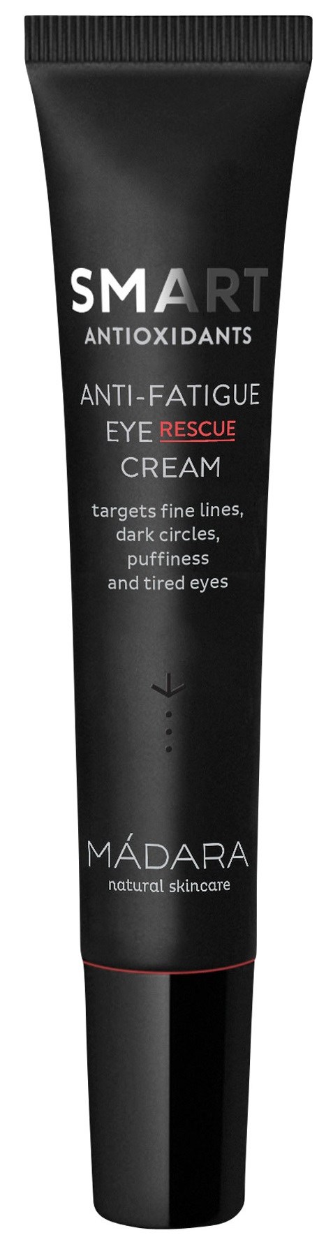 A black tube of eye cream with white and red text, labeled as Smart Antioxidants for anti-fatigue and puffiness.