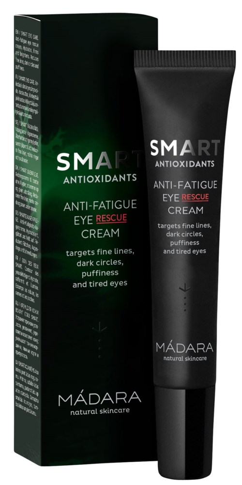 A black tube of eye cream with a matching box, labeled for anti-fatigue and eye rescue by MADARA.