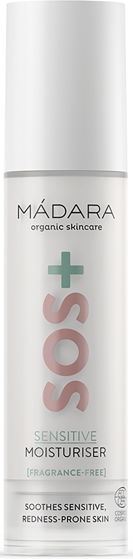 A white bottle labeled 'MÁDARA SOS Sensitive Moisturiser' for sensitive, redness-prone skin, fragrance-free.