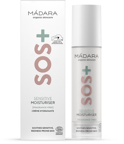 A white bottle and box of Madara SOS Sensitive Moisturizer, fragrance-free, helps sensitive, red-prone skin.