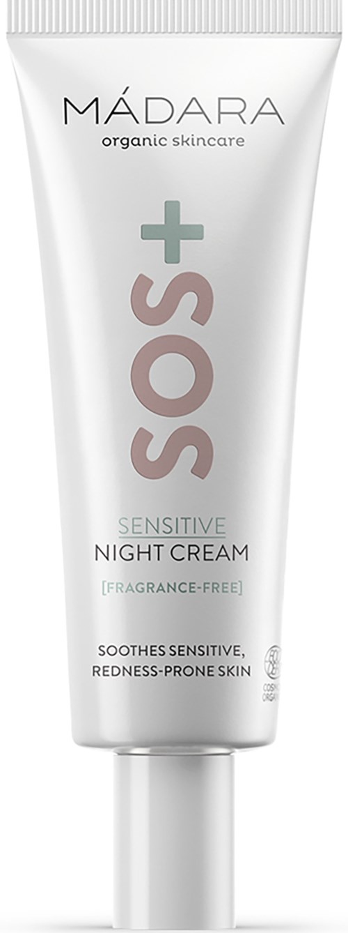 A white tube of MÁDARA night cream, labeled SOS Sensitive with calming effects for sensitive, red-prone skin.