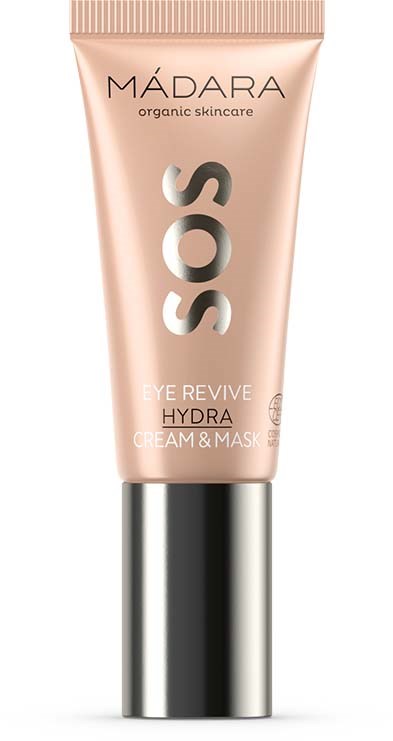 Tube van MÁDARA SOS Eye Revive Hydra Cream & Mask met roze verpakking en zilveren dop.