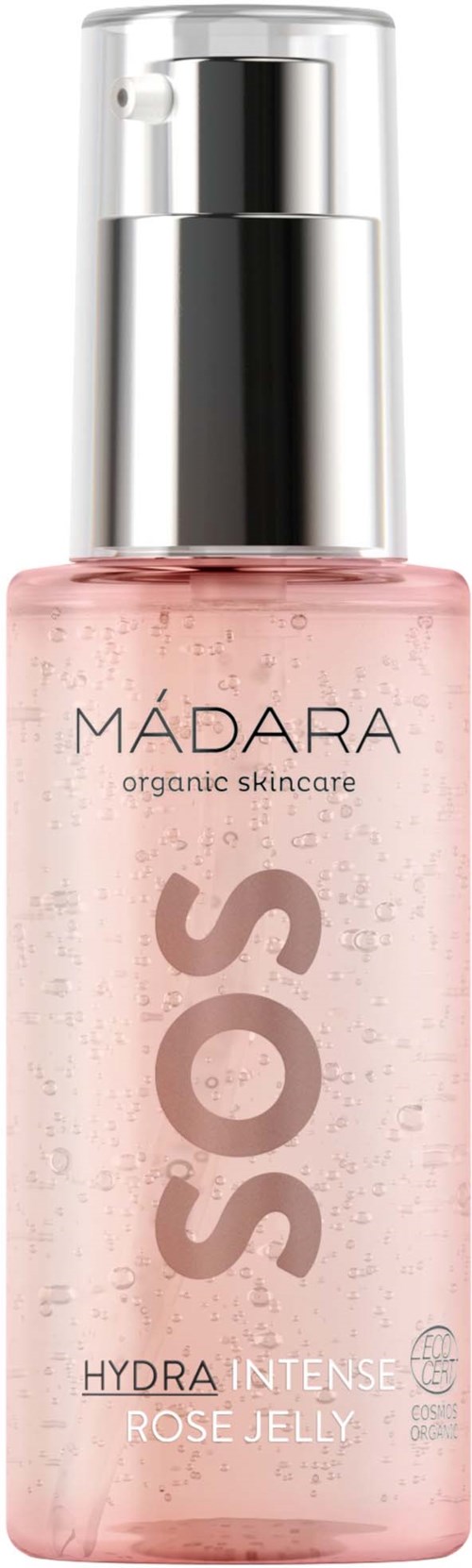 A pink bottle with a silver cap labeled 'MADARA SOS Hydra Intense Rose Jelly' for skincare.