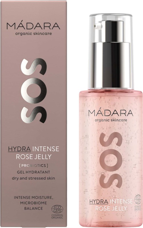 A pink bottle with a pump sits next to a matching pink box. The product is Hydra Intense Rose Jelly for dry skin.