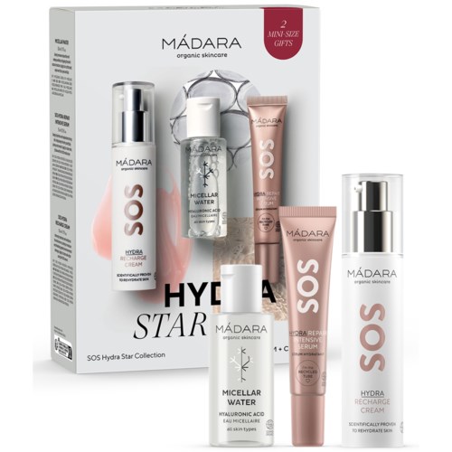 Set of skincare products including a moisturizer, serum, micellar water, and two mini-sized items from Mádara SOS Hydra Star Collection.