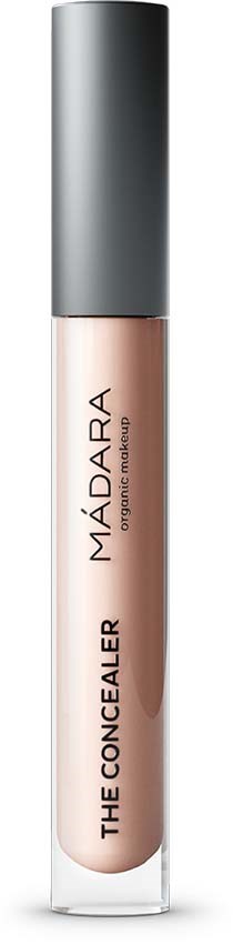 A tube of concealer with a gray cap and beige liquid inside. It has the brand name Madara written on it.