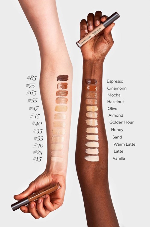 Two arms show swatches of various foundation shades, ranging from light to dark, with names and numbers listed.