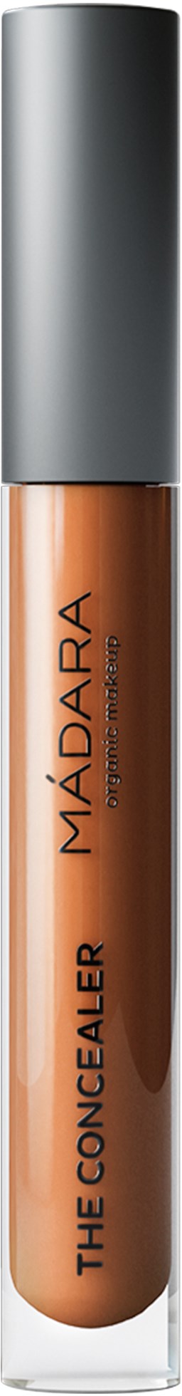 A lip gloss with a silver cap and clear tube showing brownish nude liquid, labeled 'MADARA THE CONCEALER' and 'LIP SERUM'.