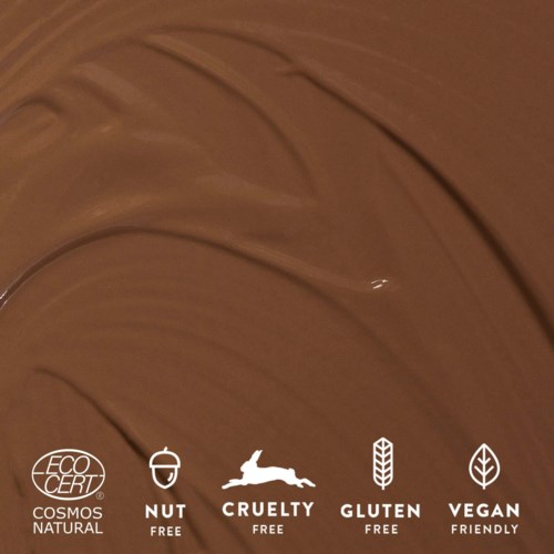 Chocolate spread with eco-cert, nut-free, cruelty-free, gluten-free, and vegan-friendly labels.