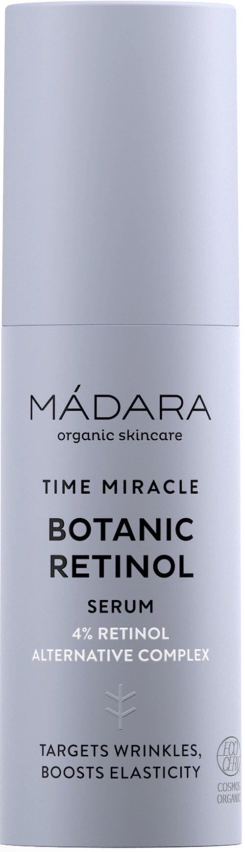 A silver cylindrical bottle of Madara organic skincare serum, labeled as Time Miracle Botanic Retinol Serum.