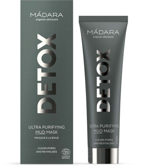 Mádara Detox kasvonaamio ja sen pakkaus, molemmissa valkoinen ja harmaa teksti ja suunnittelu.