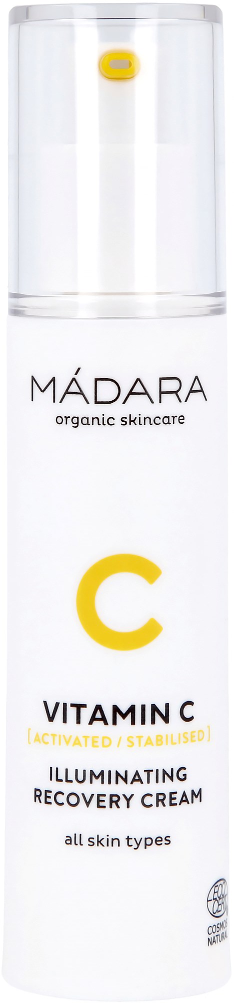 A white bottle with a pump top, labeled MÁDARA Vitamin C skincare cream for all skin types.