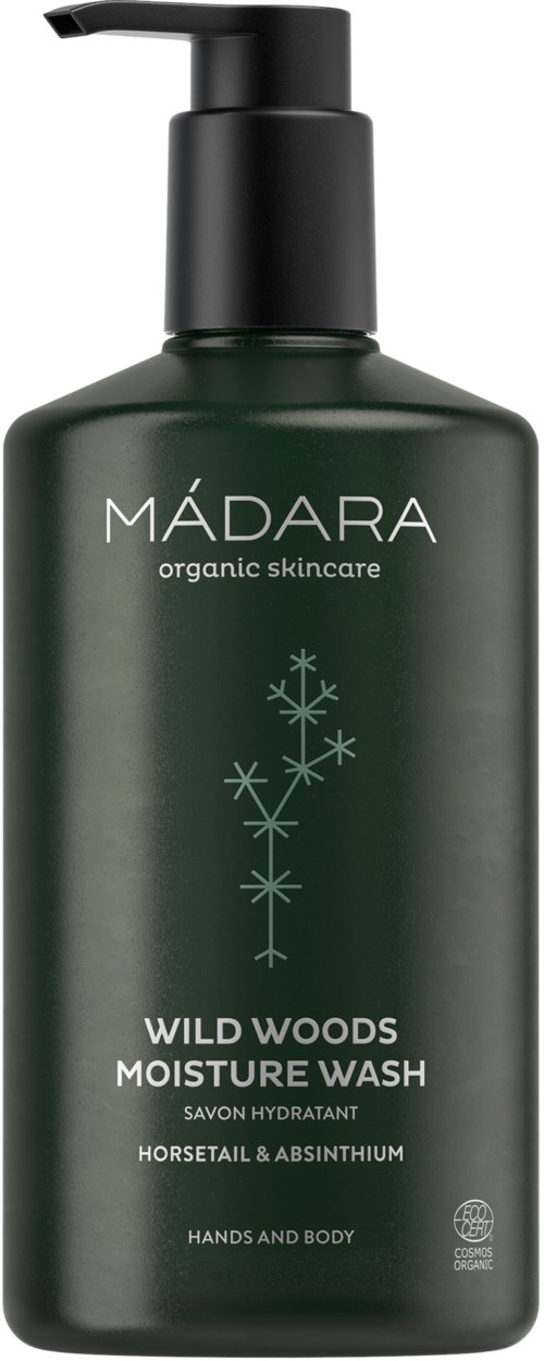 Green bottle with black pump, labeled as Madara Wild Woods Moisture Wash for hands and body.