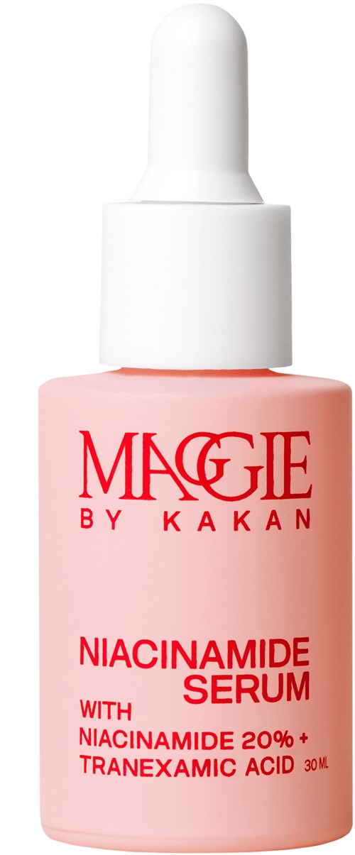 Pieni vaaleanpunainen pullo tipputavalla, merkintä 'Maggie by Kakan Nicinamide Serum'.