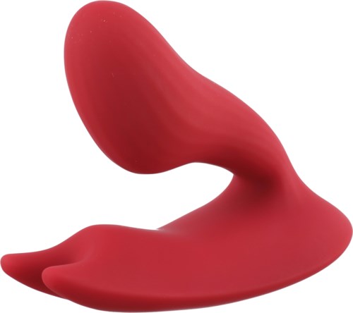 Eine rote, abstrakte, glatte Skulptur mit geschwungener Form auf weißem Hintergrund.