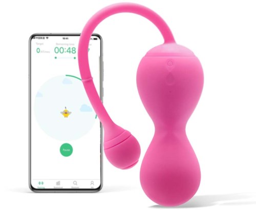 Pinkes Gerät verbunden mit einem Smartphone, zeigt eine Timer und App-Oberfläche. Wahrscheinlich ein persönliches Massagegerät oder Gesundheitsgerät.