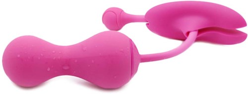 Ein pinkfarbener persönlicher Masseur mit gebogenem Griff und er Bunny-Form-Anhang.