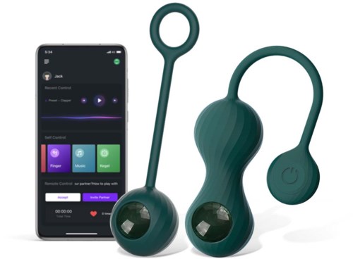 Drahtlose vibrierende Massagesysteme mit Fernbedienung und App zur Personalisierung. Helles Grün Design.