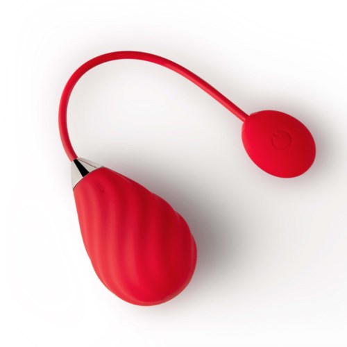 Ein rotes, eiförmiges Gerät mit einem kleineren runden Teil, verbunden durch ein Kabel, wahrscheinlich ein tragbares elektronisches oder medizinisches Werkzeug.