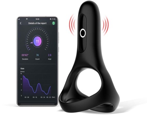 Ein schwarzes Gerät mit einem Ringgriff und Sensor, verbunden mit einem Smartphone, zeigt Gesundheitsdaten und Aktivitäten.