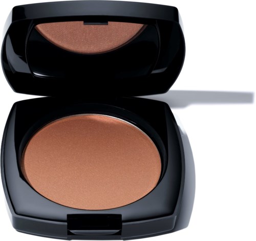 Ein Make-up-Deckel mit Spiegel, enthält hellbraunes gepresstes Puder für Gesichtsmake-up.