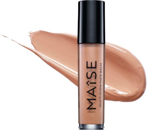 Eine Flasche M.A.C.E Make-up-Gesichtsbalsam mit einem beigefarbenen Farbstreifen im Hintergrund.