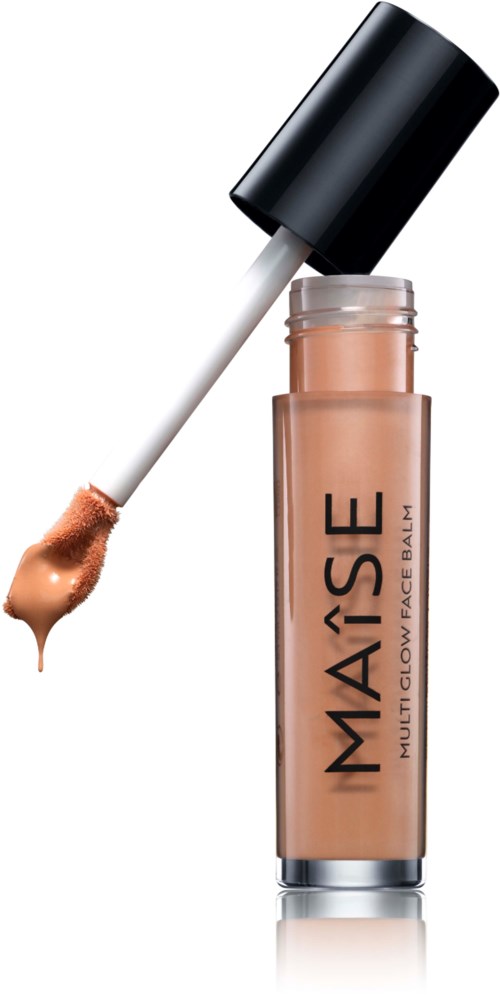Ein Concealer-Röhre mit offenem Applikator und beige Flüssigkeit, beschriftet "MAKE MULTI-COVER FACE BALM."
