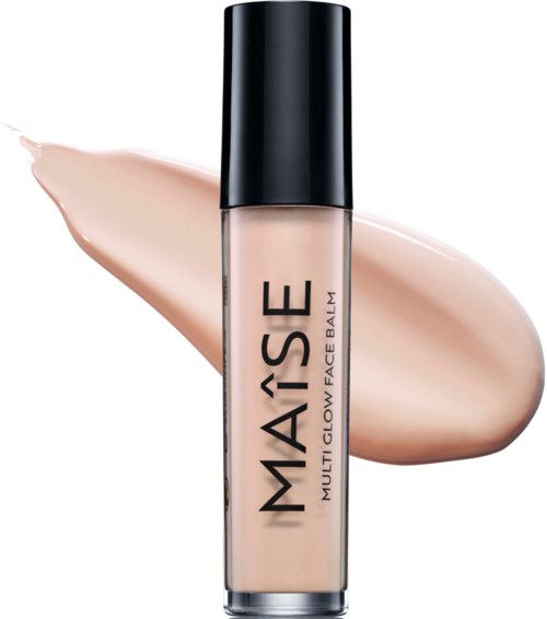 Flasche mit Gesichtsbalsam mit beige Flüssigkeit und schwarzem Deckel, Logo sagt 'MAISE Multi Glow Face Balm'.