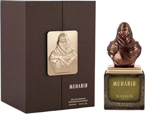 A perfume bottle shaped like a person with a hood, along with a stylish box labeled "MUHARIB" and "MAISON."