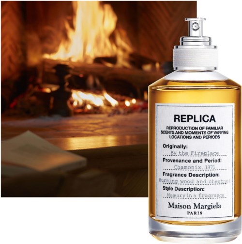 Een parfumfles met label 'REPLICA' voor een haard creëert een gezellige, warme sfeer.